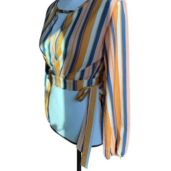 Favlux Cropped Wraparound Tied Blouse Striped Green Gold Bubble Sleeve Wmn Small - Picture 3 of 8